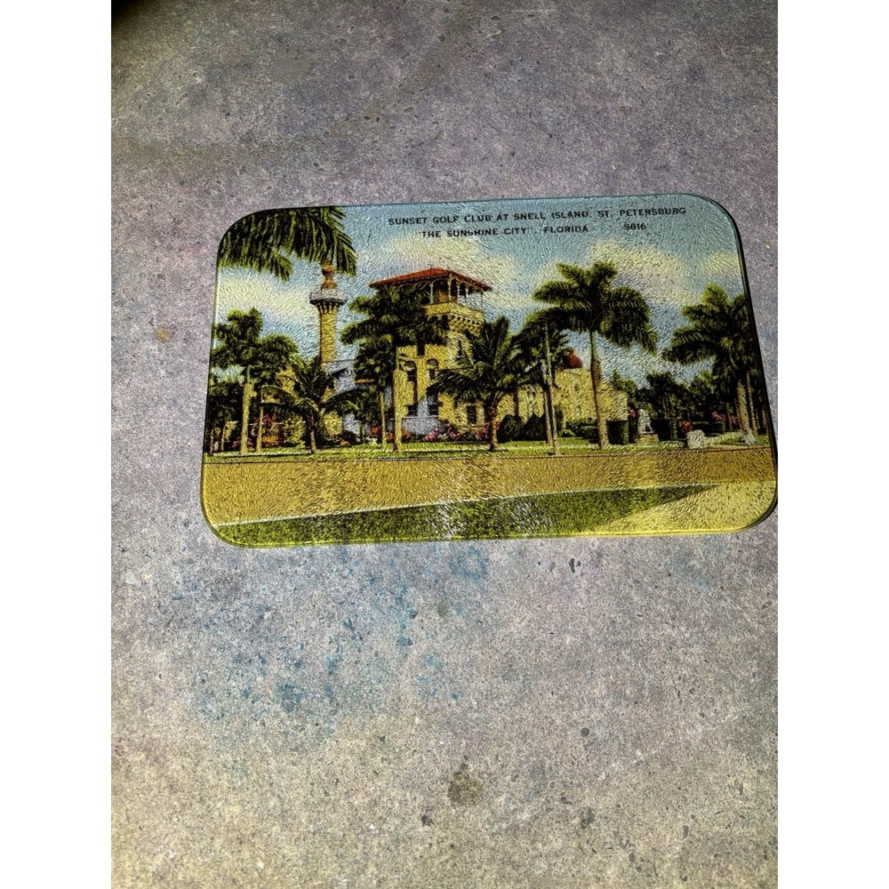 Vintage Florida Postcard Glass Cutting Board Snell Island Sunset Golf Club